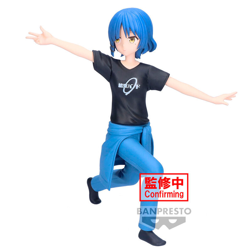 Action figure with blue hair and black shirt on a white background, featuring the brand 'BANPRESTO'.