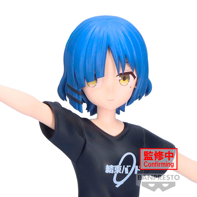 Anime character figurine with blue hair and a black shirt, featuring Banpresto branding.