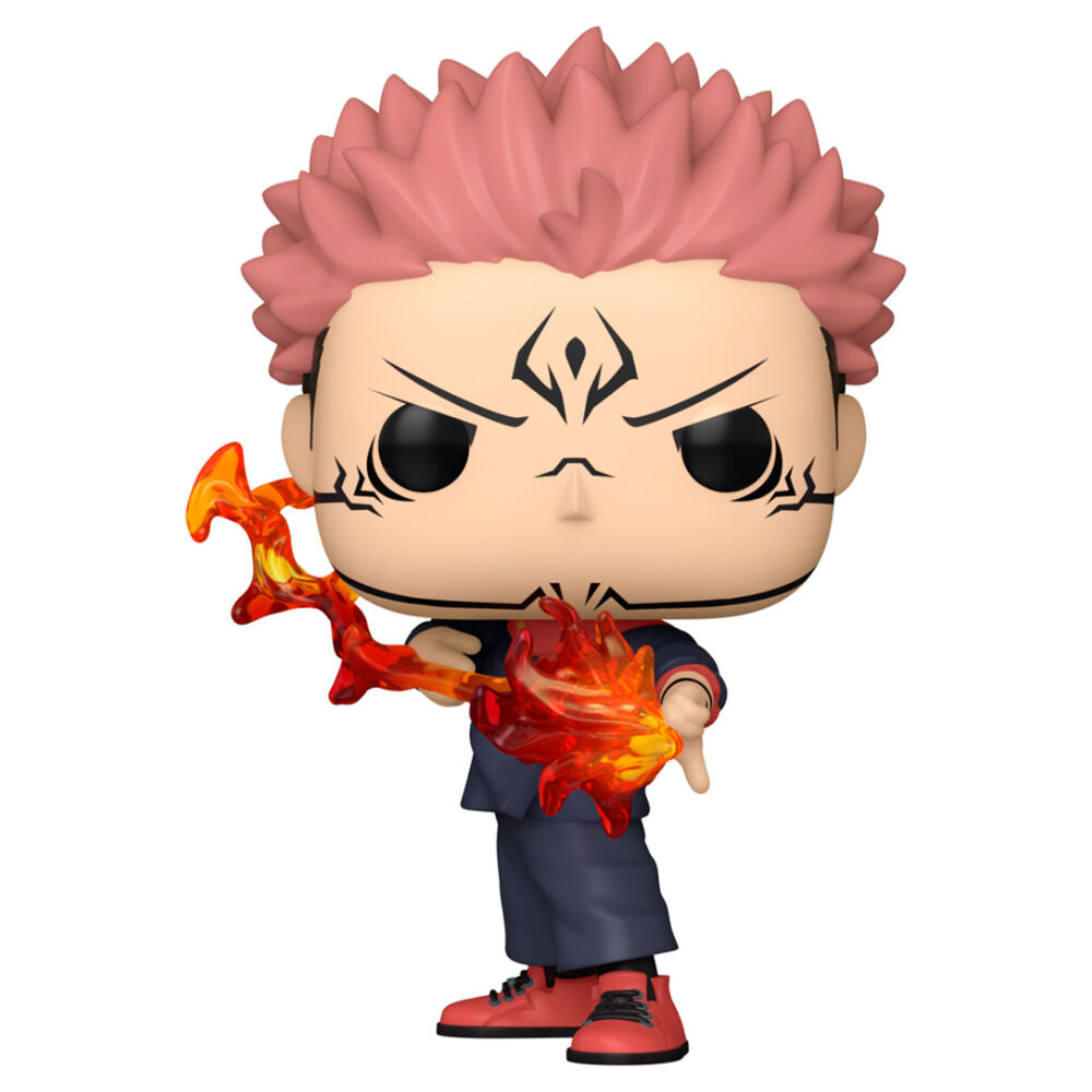 Funko Pop! vinyl figure with spiky pink hair and fiery weapon on a white background