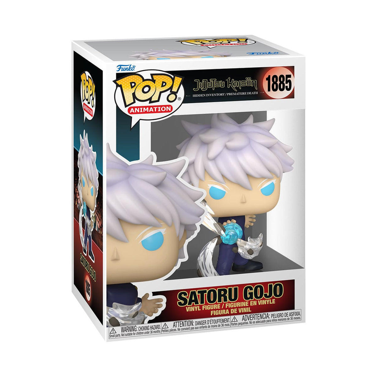 Funko pop box containing a funko pop of Satoru Gojo from Jujutsu Kaisen. The figure has white hair and blue eyes 