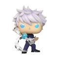 Funko pop showing Satoru Gojo from Jujutsu Kaisen. The figure has white hair and blue eyes 