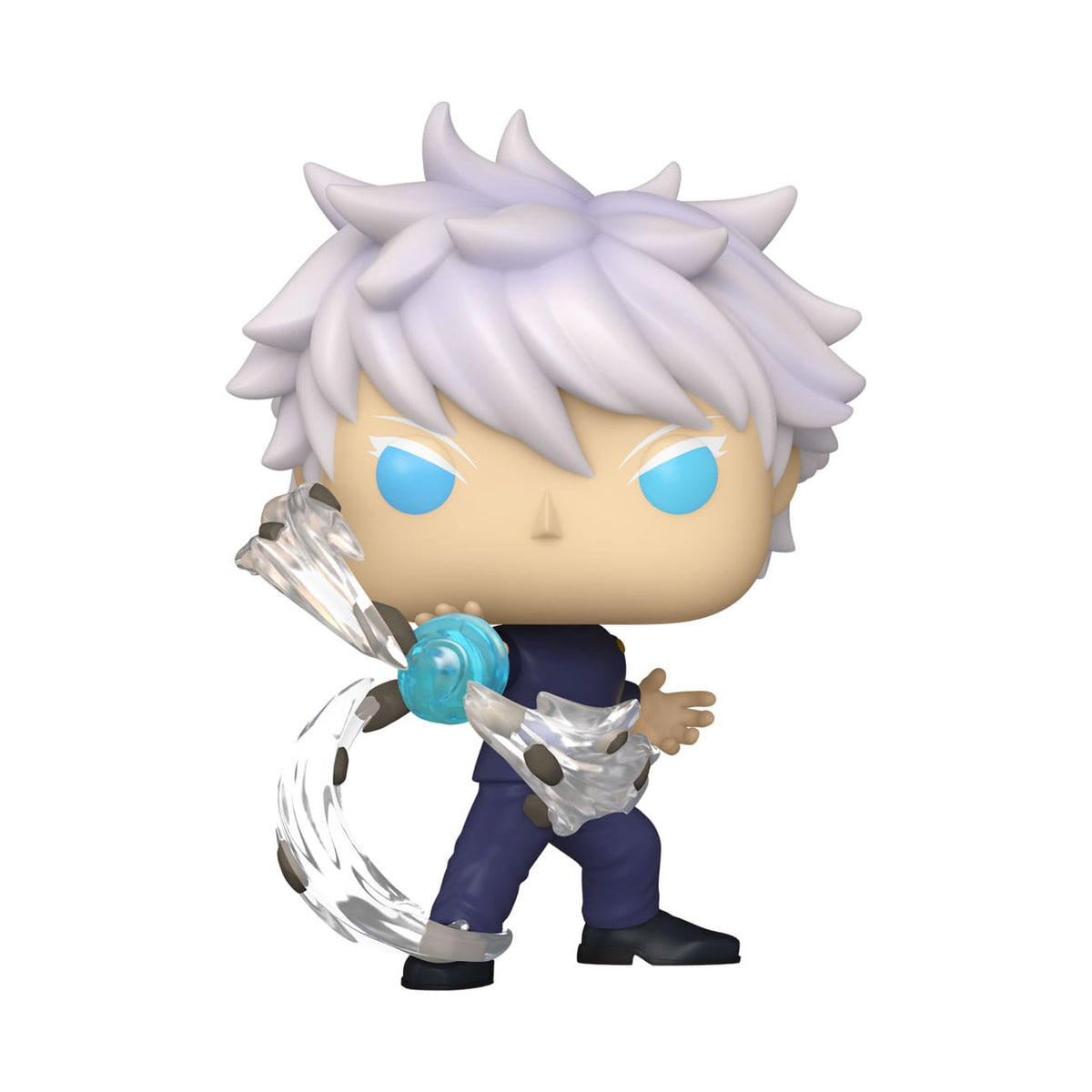 Funko pop showing Satoru Gojo from Jujutsu Kaisen. The figure has white hair and blue eyes 