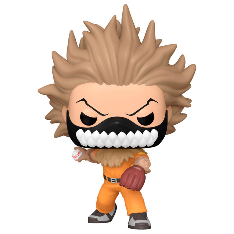 vinyl figure with spiked hair in an orange jumpsuit holding a baseball on a white background