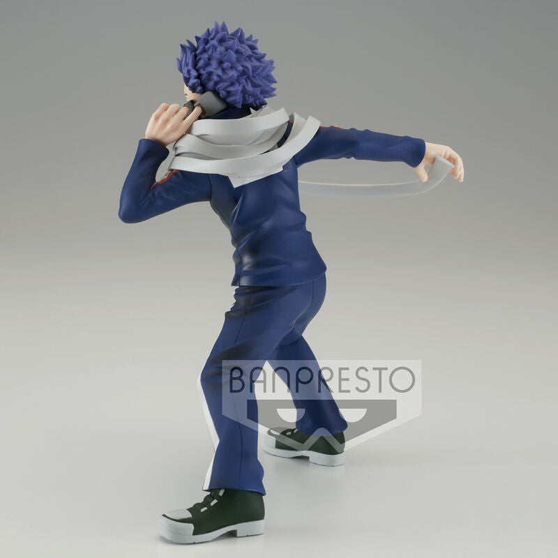 Action figure of a character with blue hair and outfit, standing on a gray background with 'Banpresto' branding.
