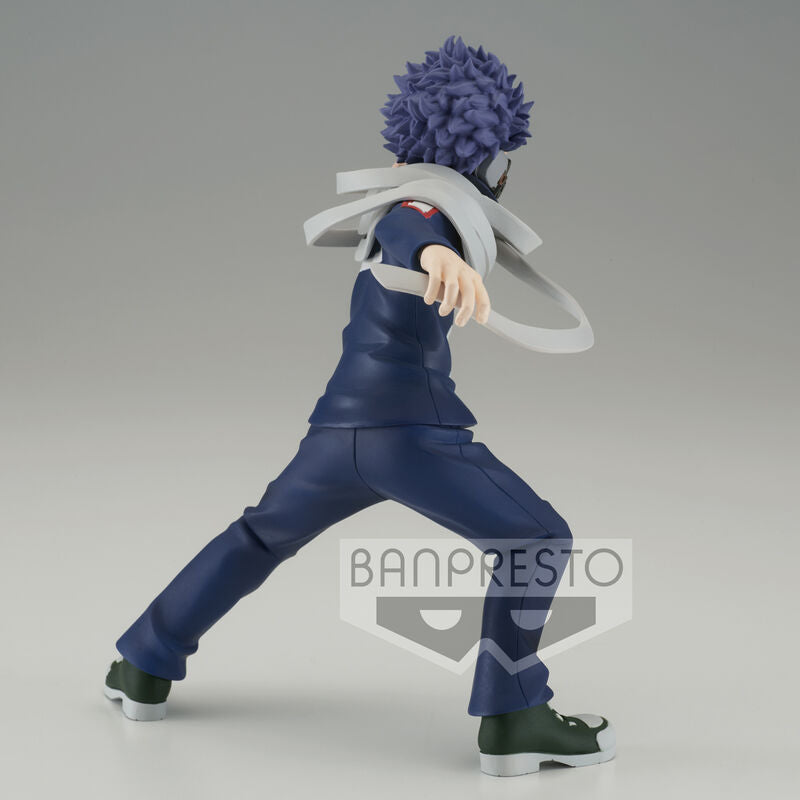 Action figure with blue hair and outfit, standing on a gray background with Banpresto logo.