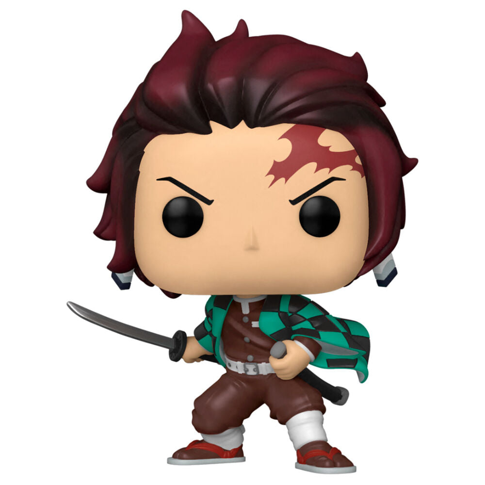 Funko Pop! tanjiro kamado vinyl figure with red hair and a sword on a white background