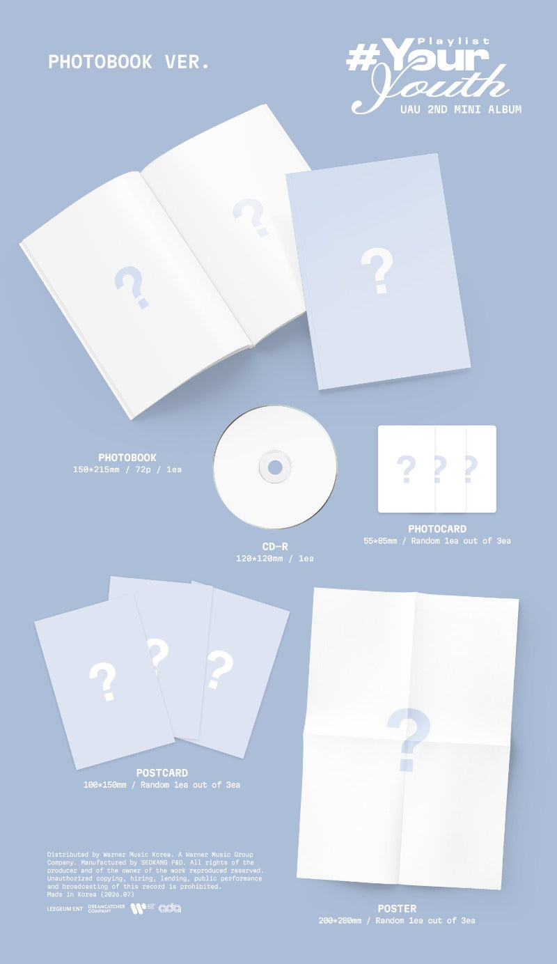 Album packaging with CD, photobook, and postcards on a light blue background