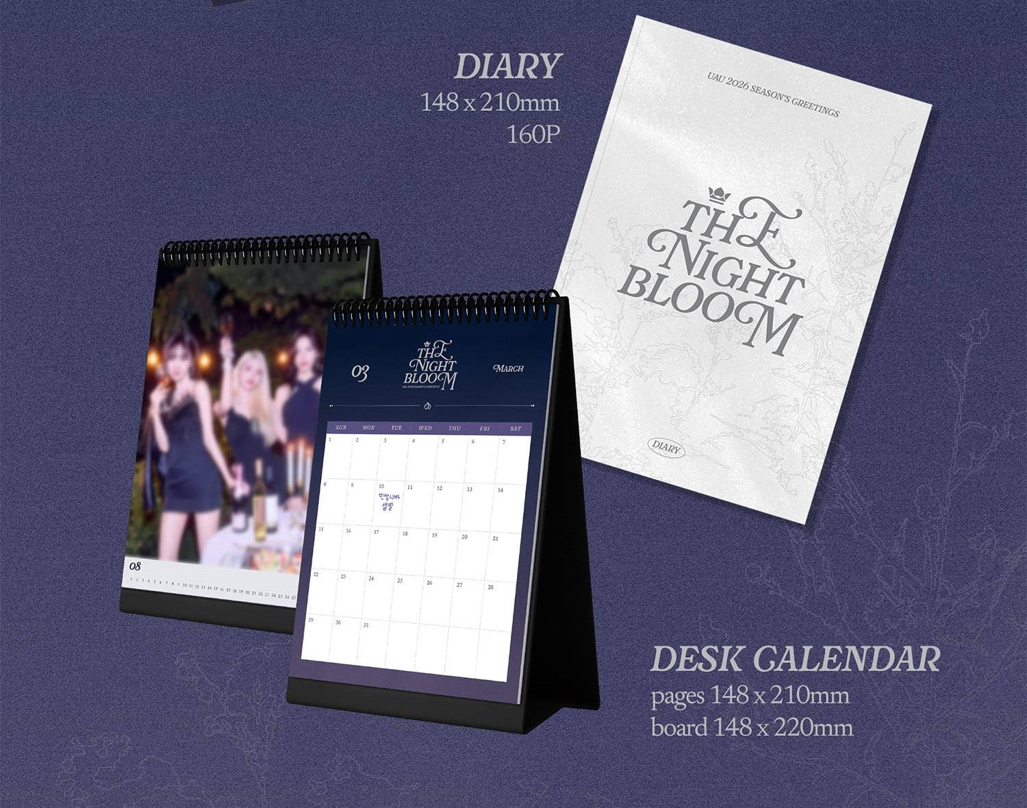 Desk calendar, diary, and a sheet of paper with text on a purple background