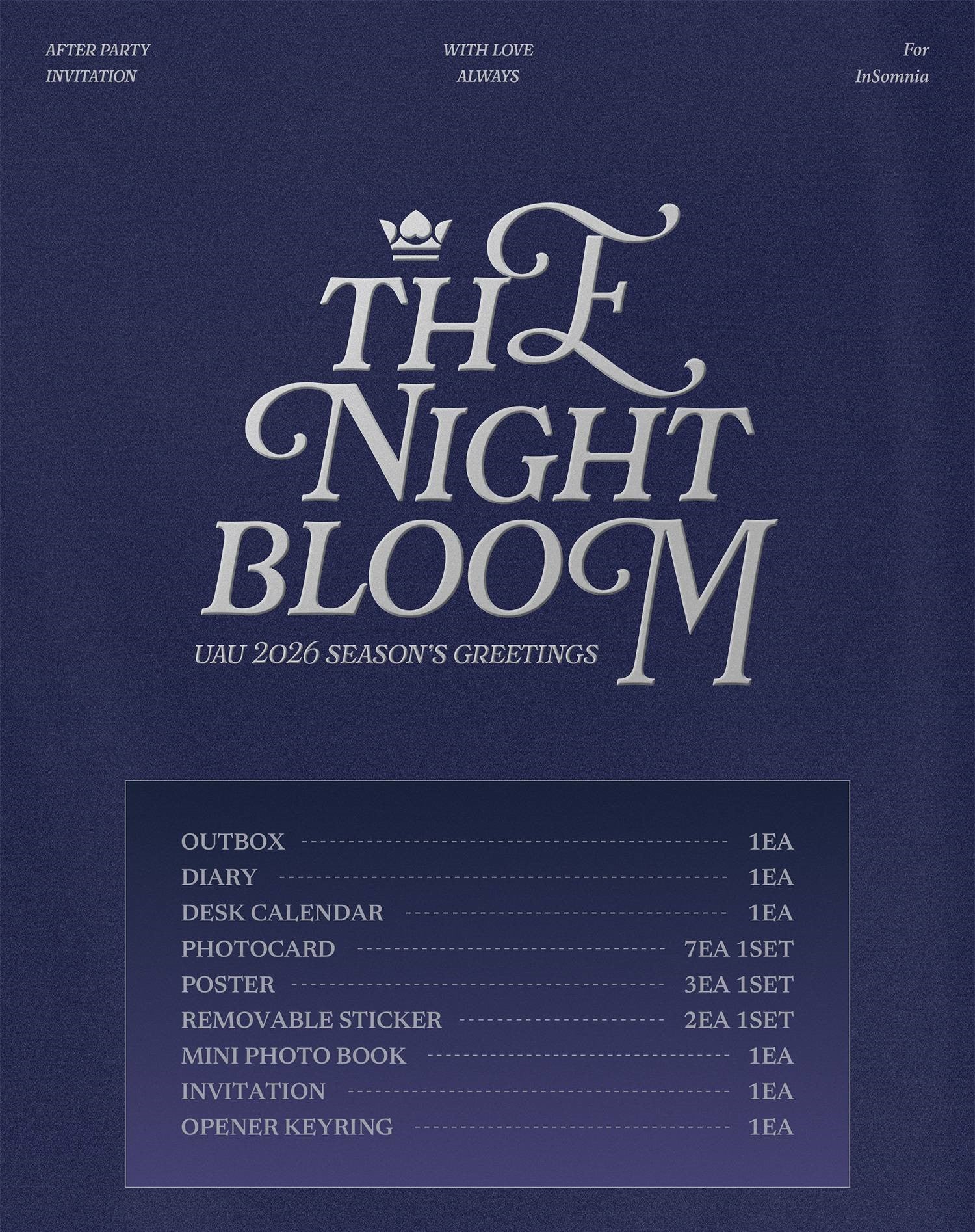 Invitation card with 'The Night Bloom' text and product list on a blue background