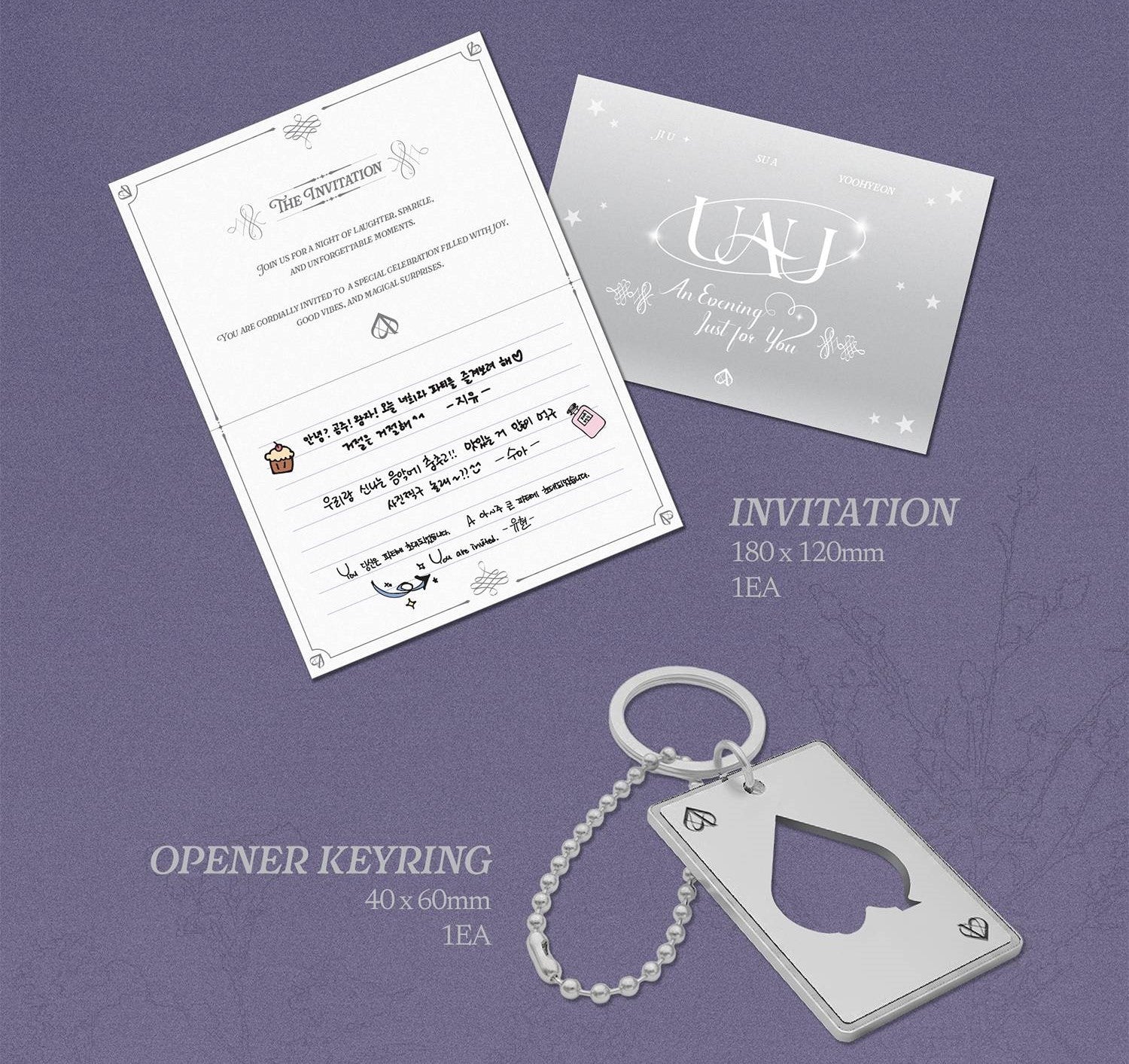 Invitation card, keychain, and opener on a purple background