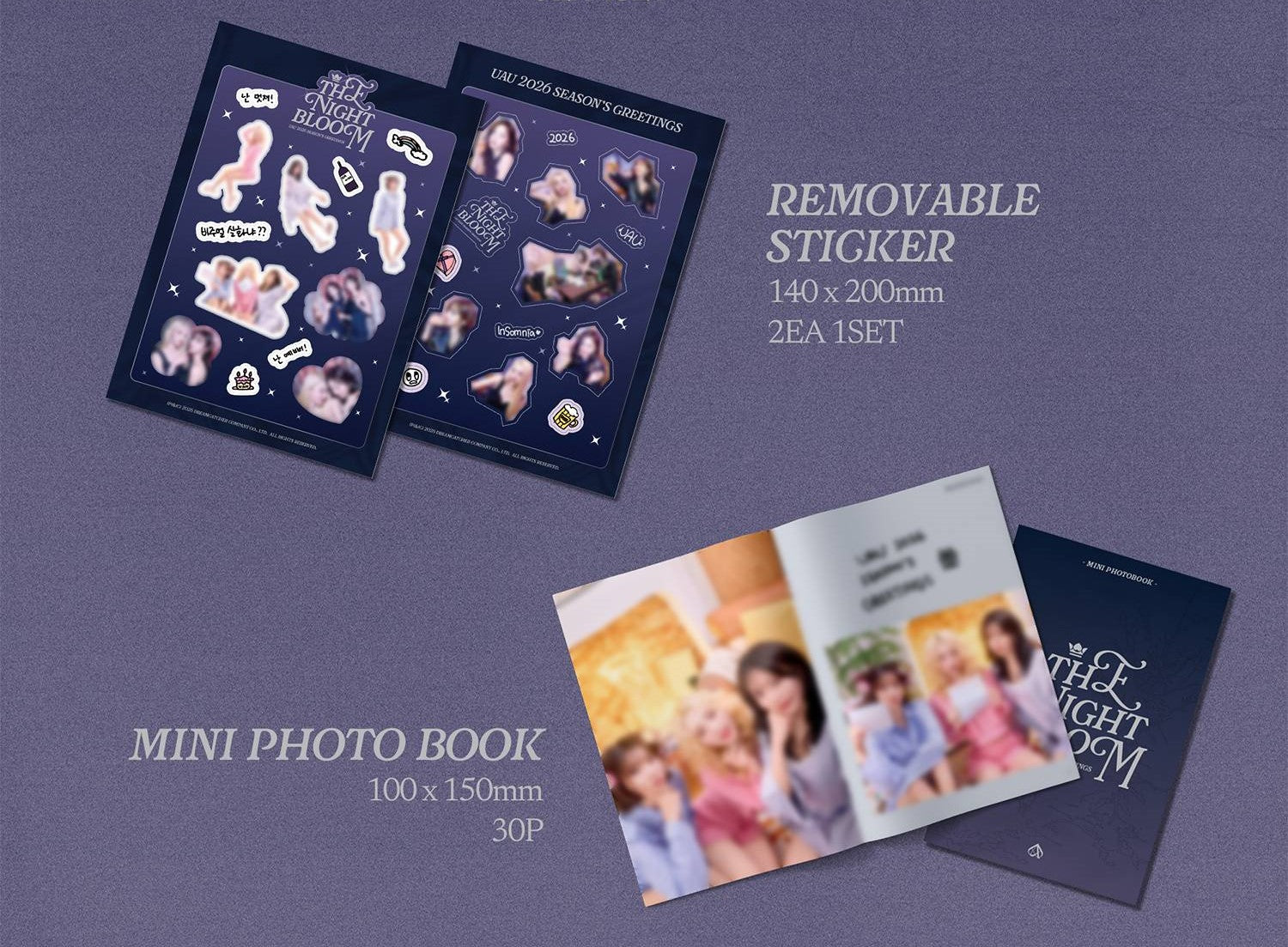 Removable stickers and a mini photo book on a purple background