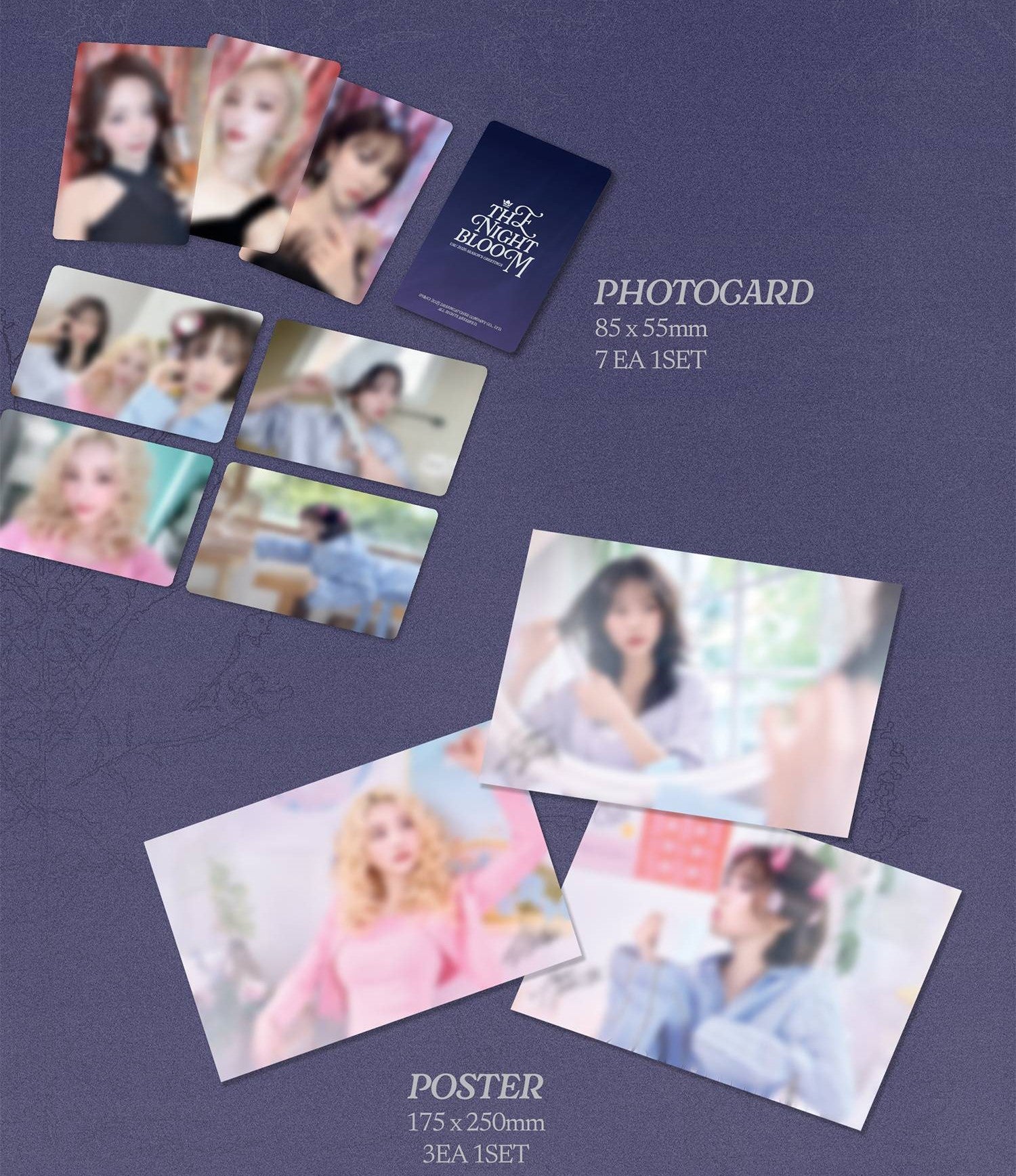 Collection of photocard and poster with people on a purple background