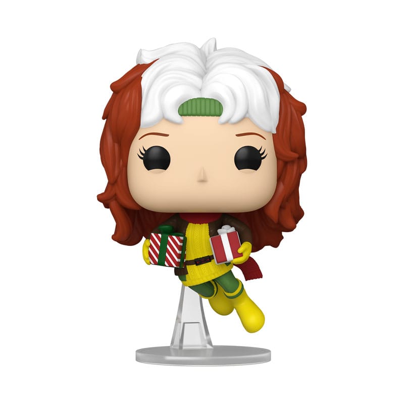 Funko Pop! vinyl figure of a character with red hair and white headband, holding Christmas presents, on a white background.