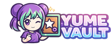 Chibi character with purple and green hair wearing a purple tshirt with 'Yume Vault' text