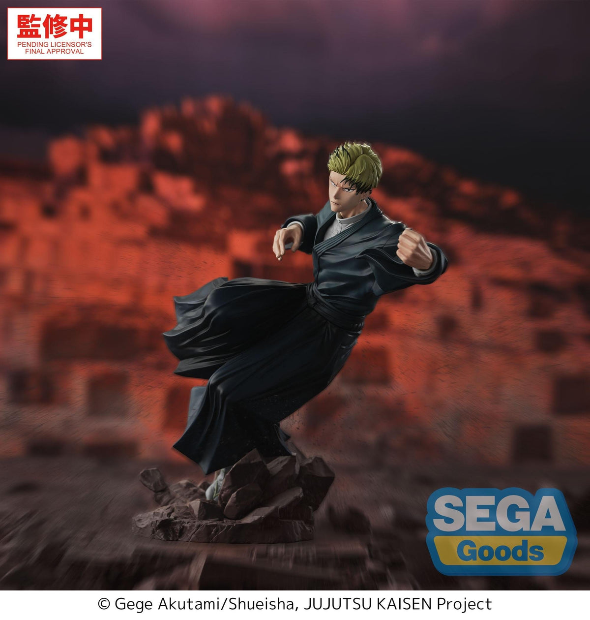 A collectible action figure of Jujutsu Kaisen's Naoya Zenin in a dynamic mid-air pose, wearing a dark blue-black robe. The figure is posed on a rocky base against a stylized, blurred red and dark background.