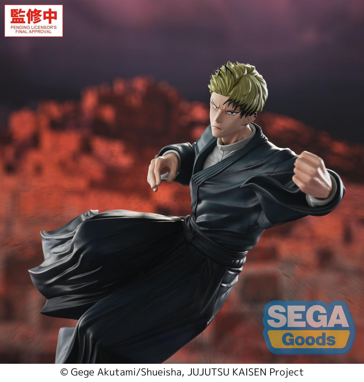 SEGA Goods collectible figure of a Jujutsu Kaisen character in a dynamic martial arts pose, wearing a dark robe against a blurred red and purple background, with SEGA Goods branding and Japanese approval text visible.