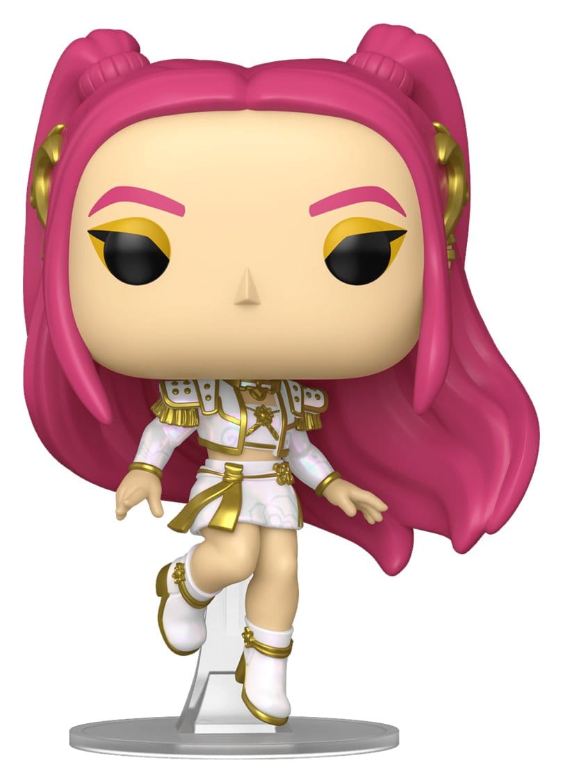 Funko Pop! vinyl figure with pink hair and white outfit on a white background