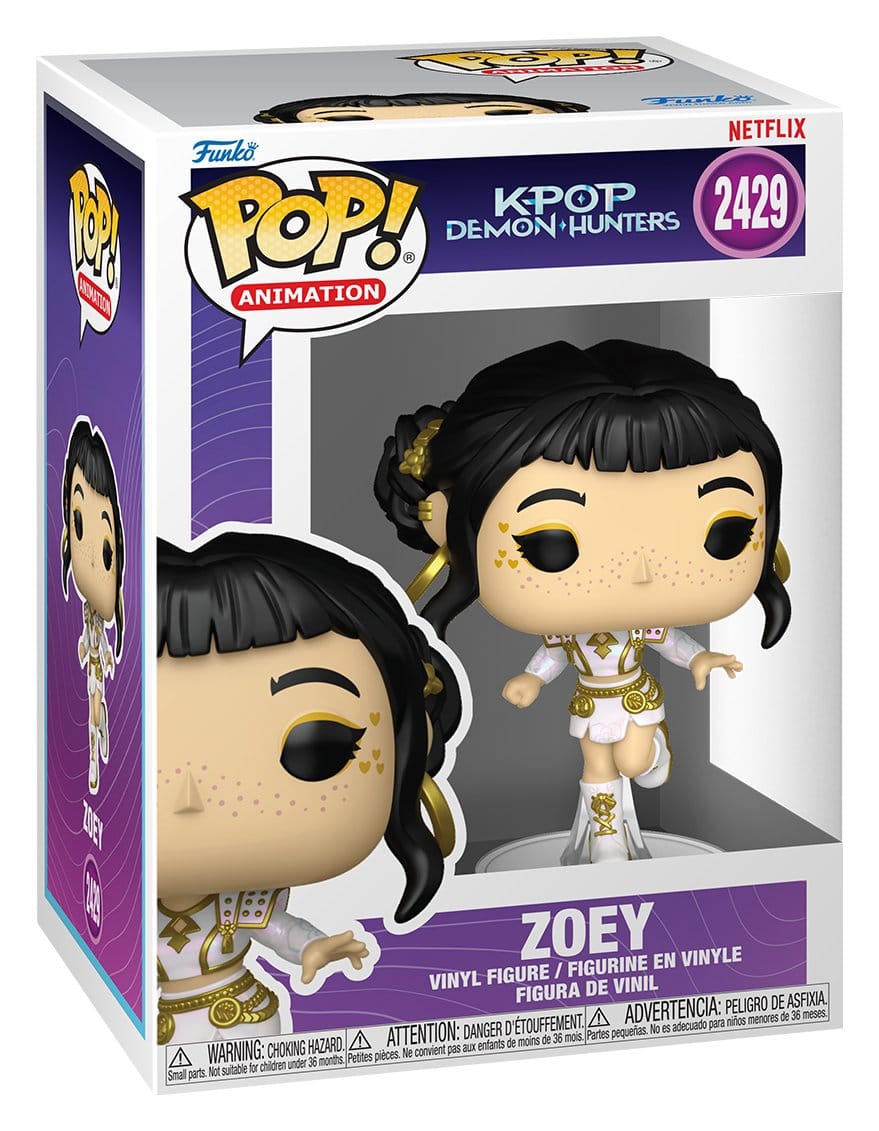 Funko Pop! Animation figure packaging for K/Pop Demon Hunters, featuring Zoeys figure.