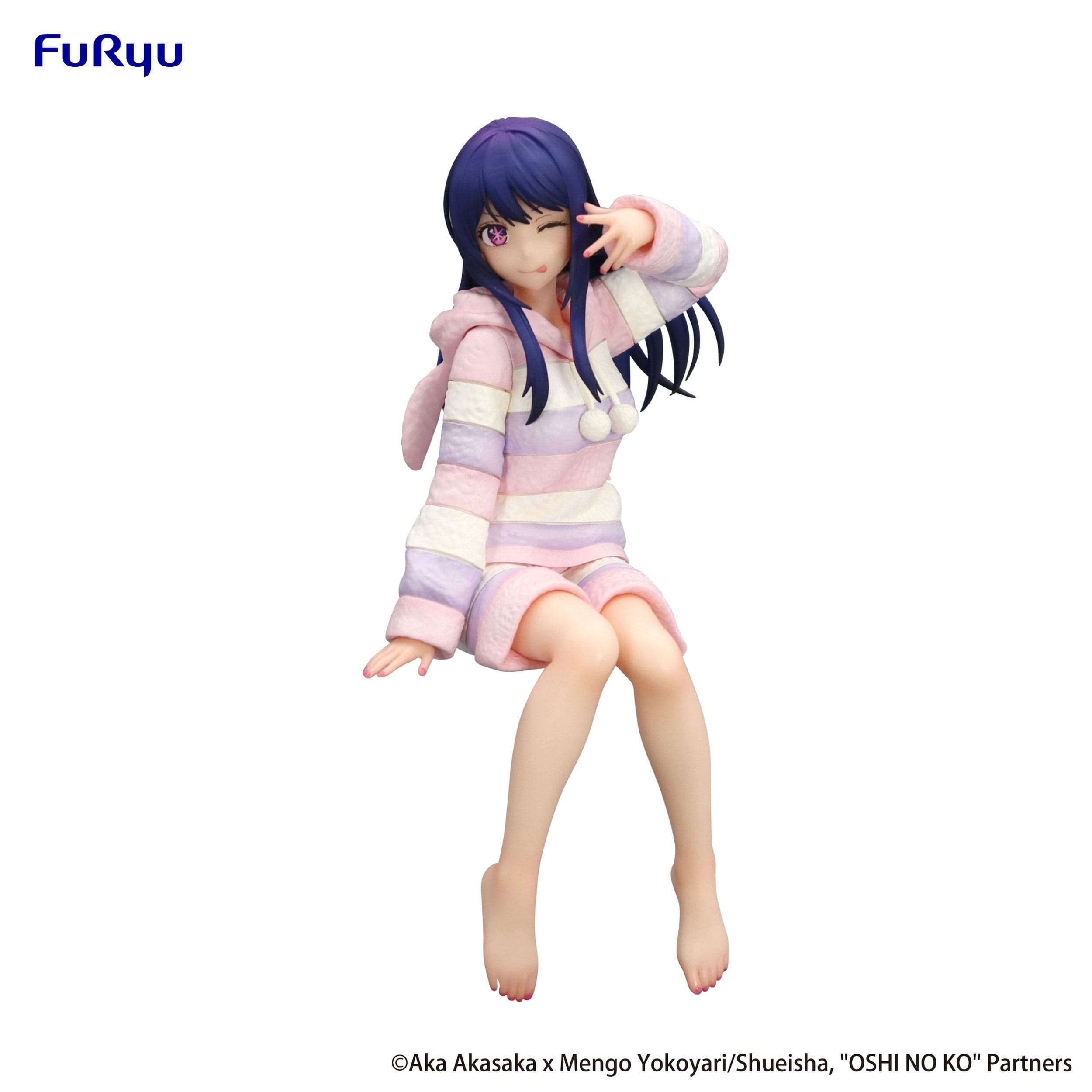 Figurine of a character in a pink and white striped outfit with blue hair on a white background, featuring the Fururu brand.