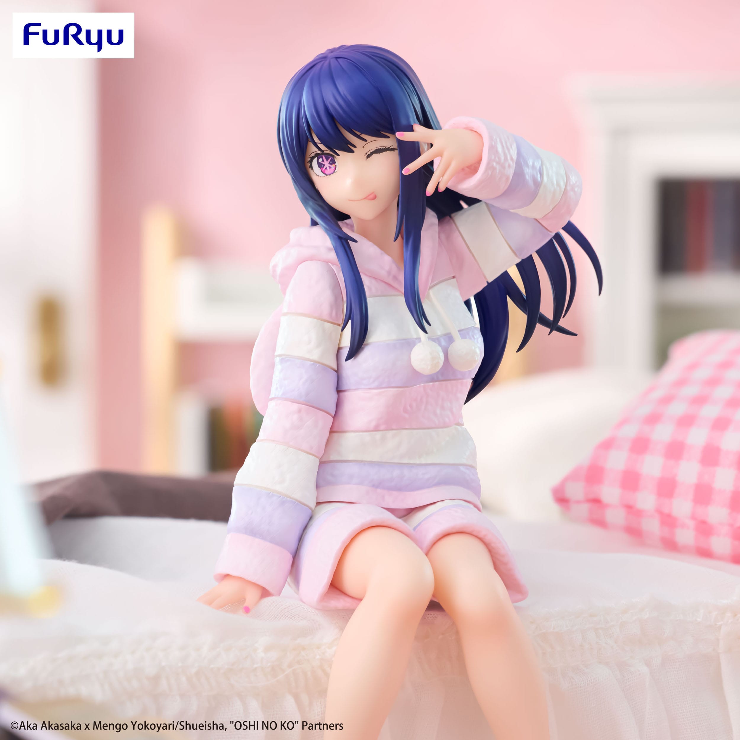 Figurine of a character with purple hair and a striped outfit sitting on a bed, with 'Fur Ryu' branding.