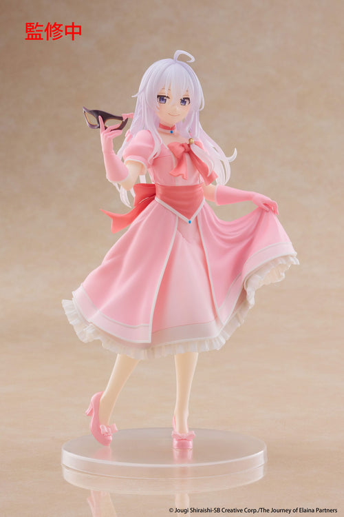 Figure of a character in a pink dress with a bow, holding a cat, on a beige background.