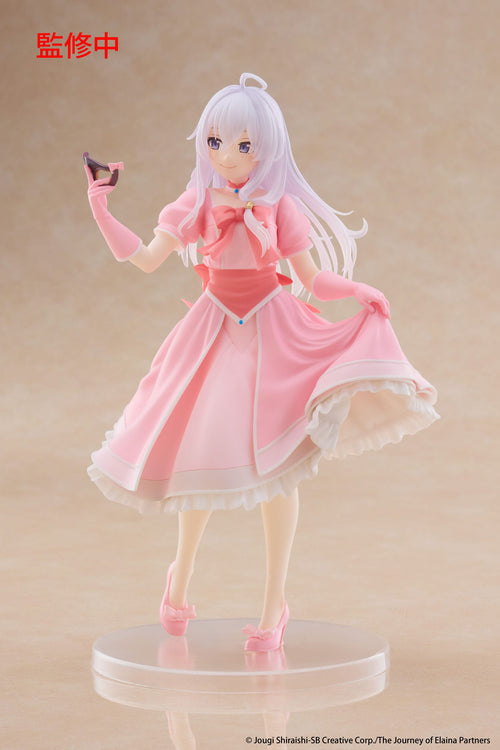 Figure of a character in a pink dress on a beige background