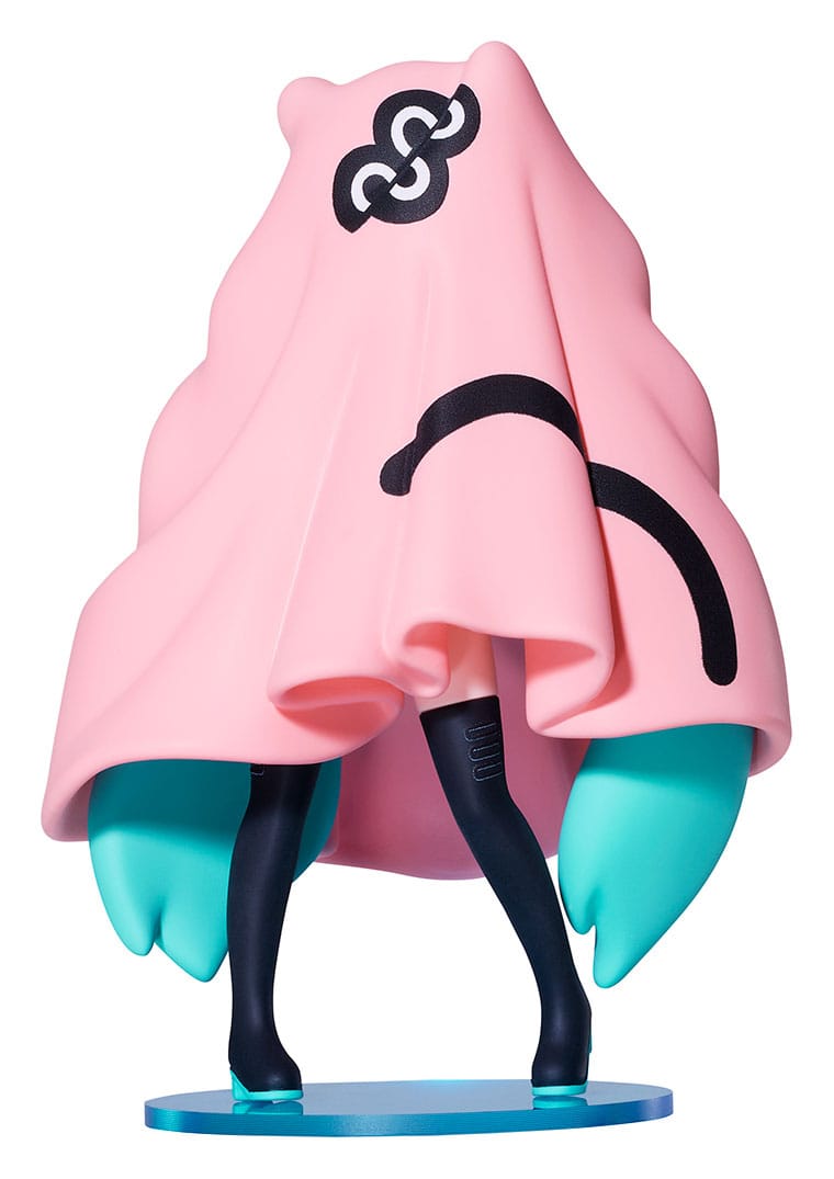 Animated character with a pink hood and teal accents on a white background