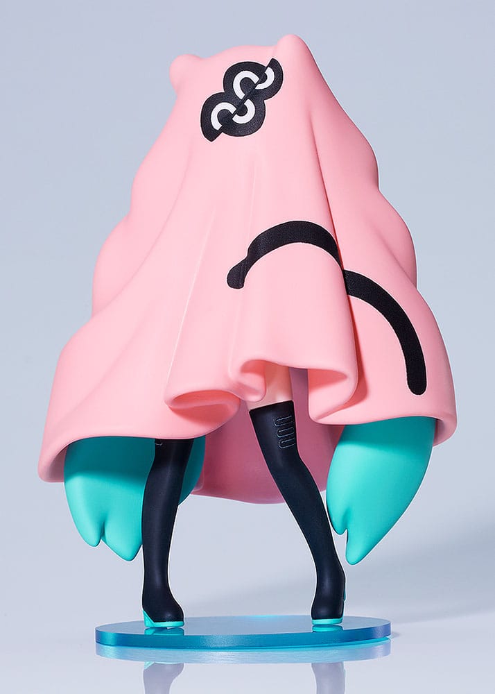 Animated character with pink hood and teal pants on a light gray background