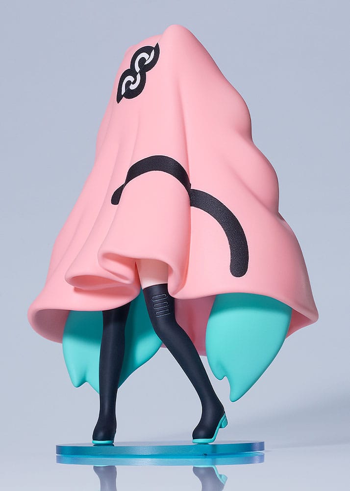 Figure with a pink hood and teal accents on a gray background