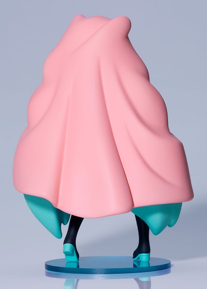 Pink and teal character figure on a gray background