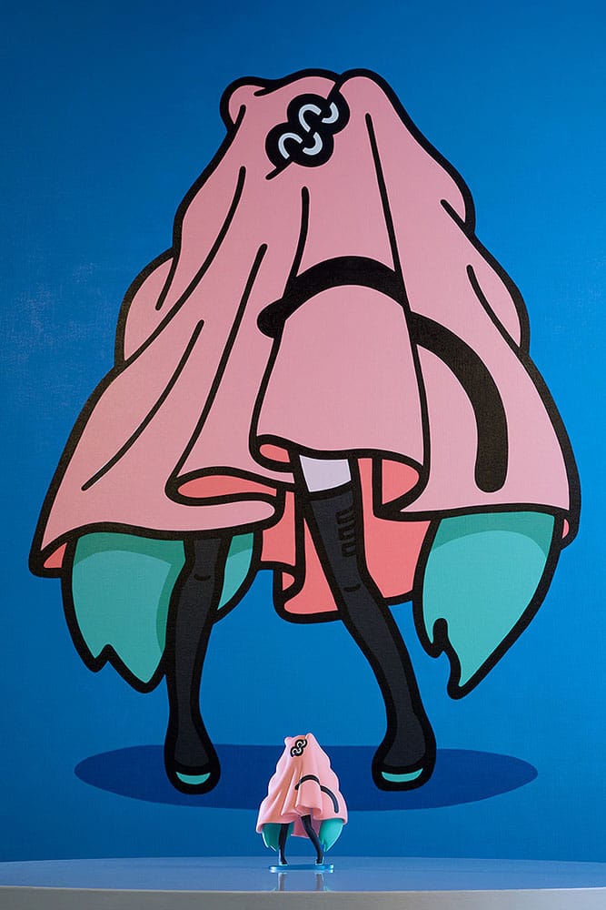 Cartoon character with a pink hooded cloak on a blue background